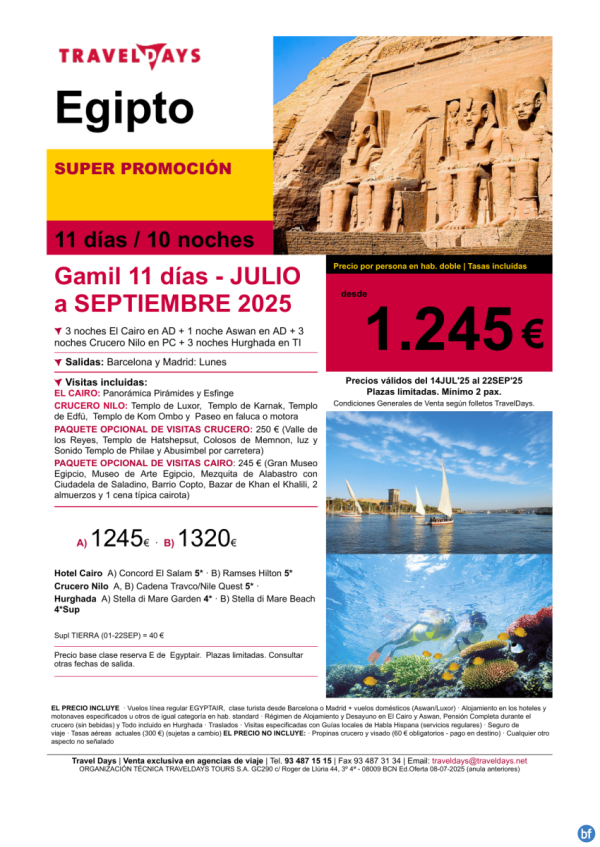 Promocin Egipto GAMIL - 11 das con crucero y Mar Rojo  hasta septiembre a partir de 1.245 € 