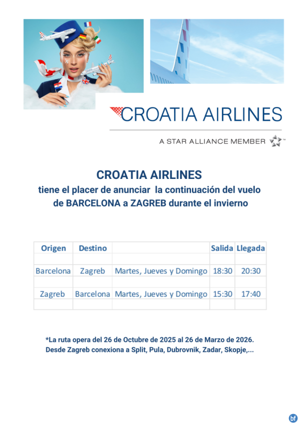 Continuacin del vuelo de Barcelona a Zagreb durante la temporada de invierno