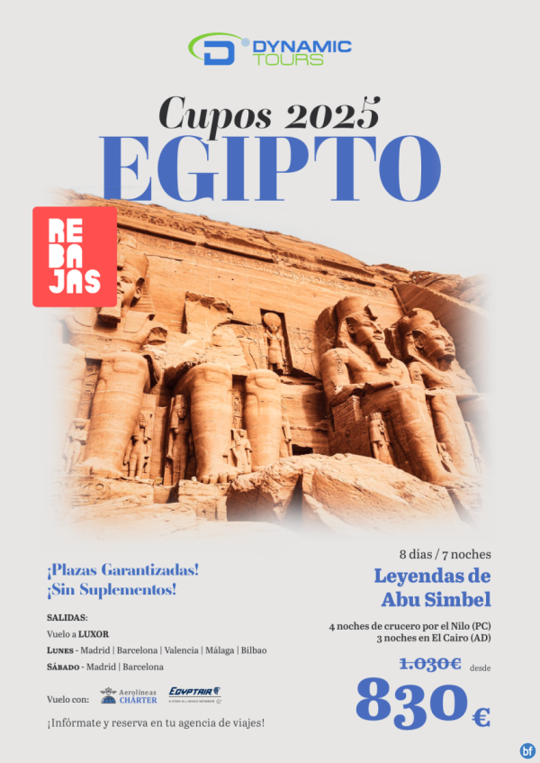 EGIPTO?? rebajas ???Leyendas de Abu Simbel?(4cru + 3cai) ? salidas: mad, bcn, agp, vlc, bio?dsd 830 € 