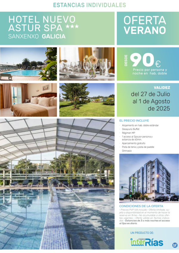 Oferta Verano Hotel Nuevo Astur Spa 3* (Sanxenxo - Galicia).- Hoteles para Individuales