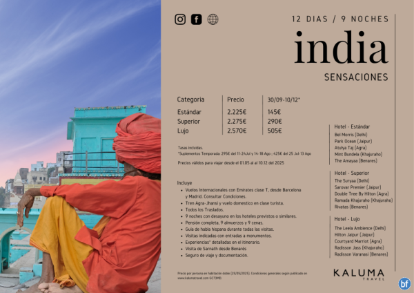 Sensaciones de India 12 Das / 9 Noches *Pensin Completa y Experiencias* hasta Diciembre desde 2.225 € 