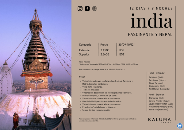 Fascinante India y Nepal 12 das/9 noches en *Pensin Completa y Experiencias* hasta Diciembre desde 2.410 € 