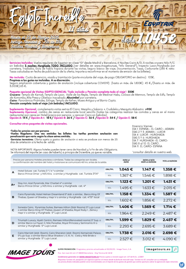 Egipto Increble hasta marzo 2026, 11 das con Cairo AD, Crucero Nilo PC y Hurghada Todo Incluido. Desde 1045 € 