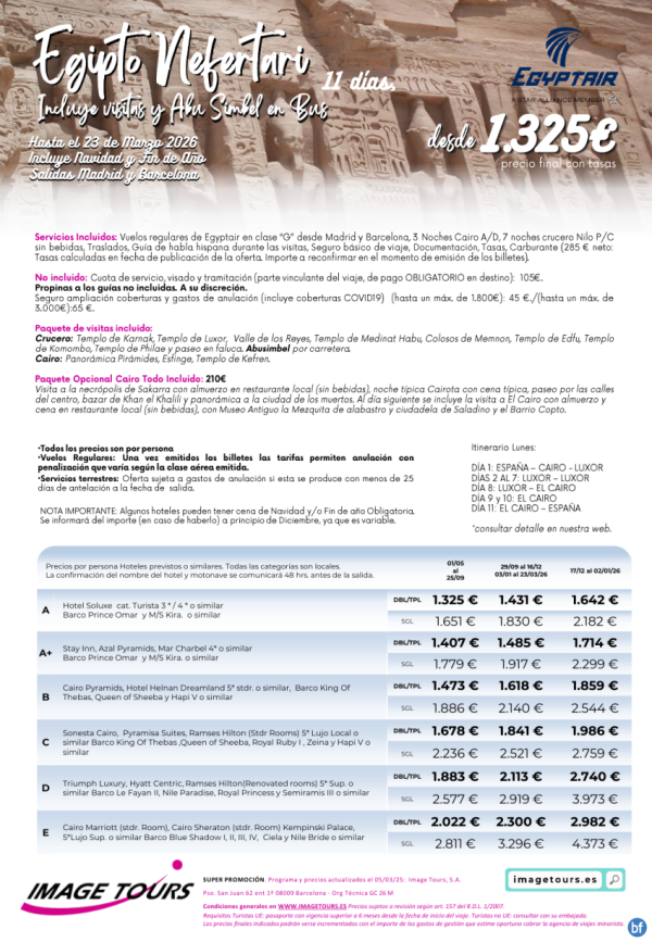 Nefertari hasta marzo 2026, 11 das de viaje a Egipto desde 1.325 € 