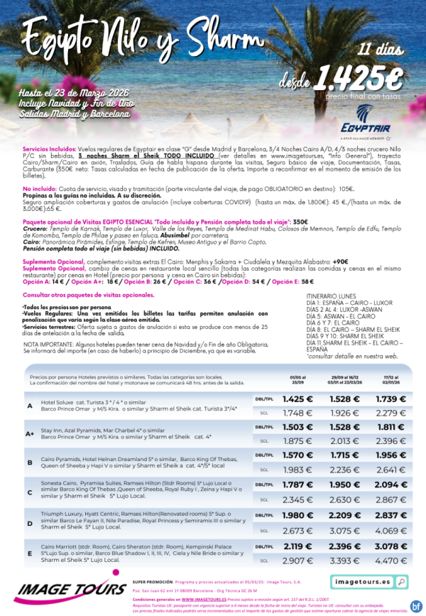 Nilo y Sharm hasta marzo 2026, 11 das de viaje a Egipto desde 1.425 € 