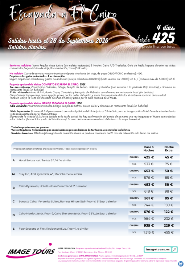 Escapada a El Cairo, 4 das de estancia con visitas opcionales desde 425 € . Precios hasta sept 2026