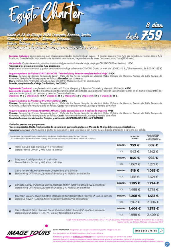 Egipto Charter hasta marzo 2026 8 das con plazas garantizadas! Venta Anticipada desde 759 € 