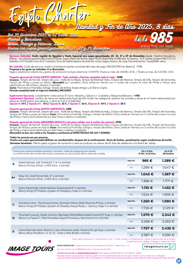 Egipto: Oferta Navidad y Fin de Ao 2025, 8 das con plazas garantizadas desde 985 € 