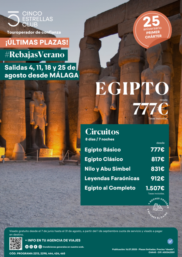 SperOferta Egipto dsd 777 € tasas incluidas salidas  agosto: 4,11,18 y 25 desde MLAGA