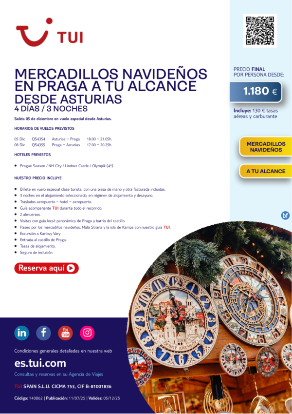 Mercadillos Navideos en Praga. 4 d / 3 n. Salida 05 DIC desde Asturias desde 1.180 € 