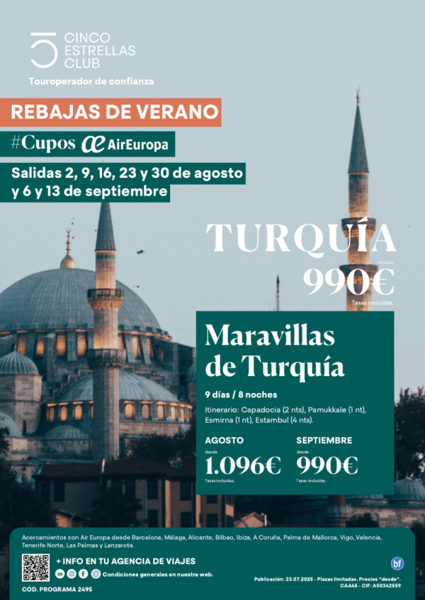 SuperOferta Cupos UX /Maravillas de Turquia 9d/8n dsd 990 € sal agost:2,9,16,23 y 30 y 6 y 13 sept. dsd Madrid