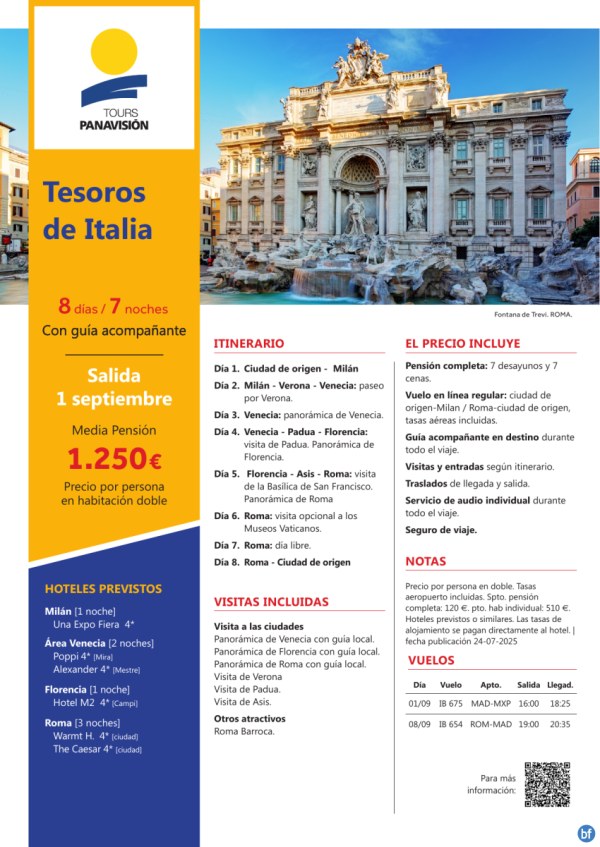 Tesoros de Italia: Roma, Florencia y Venecia 8D/7N en MP por 1.250 € 