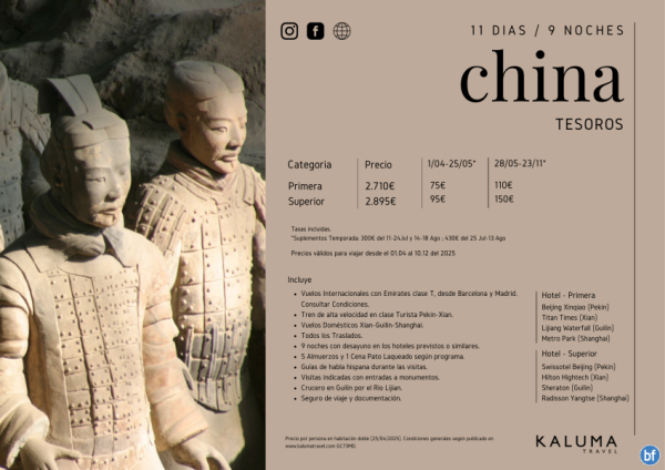 Tesoros de China 11 das / 9 noches - Salidas Garantizadas hasta Diciembre desde 2.710 € 