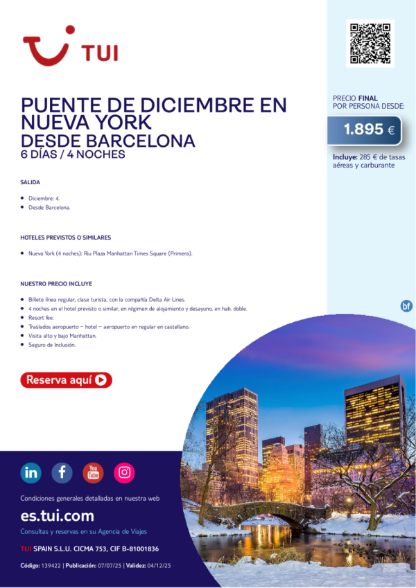 Puente de diciembre en Nueva York. 6 das / 4 noches. Salida 04 DIC desde BCN desde 1.895 € 