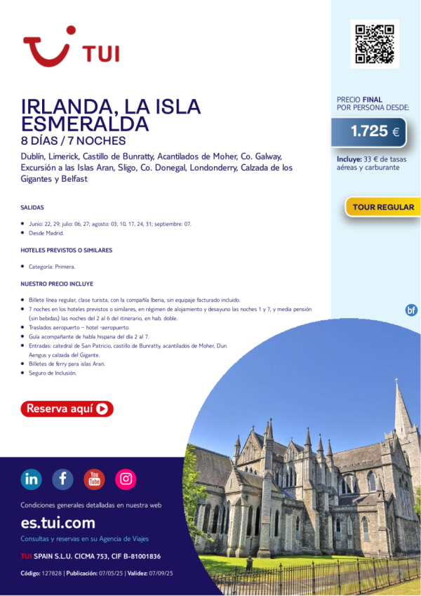 Irlanda. La Isla Esmeralda. 8 das / 7 noches. Tour Regular. Agosto y septiembre desde MAD desde 1.725 € 