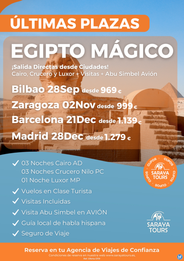 ltimas Plazas Egipto Mgico con Abu Simbel en avin incluido! Salidas desde Bio, Zaz, Bcn & Mad.