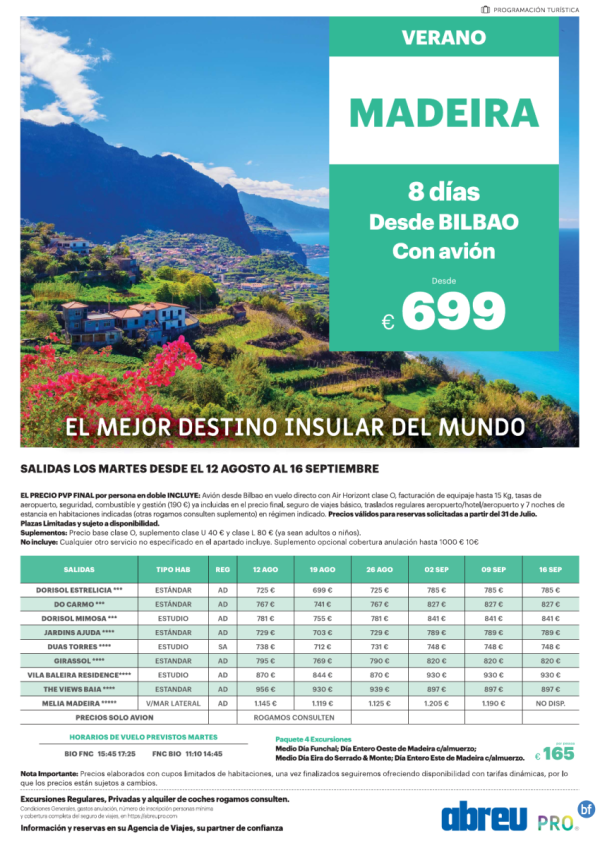 Madeira directo desde Bilbao  ltimas plazas salidas martes 12 Ago a 16 Sep 699 € pvp final