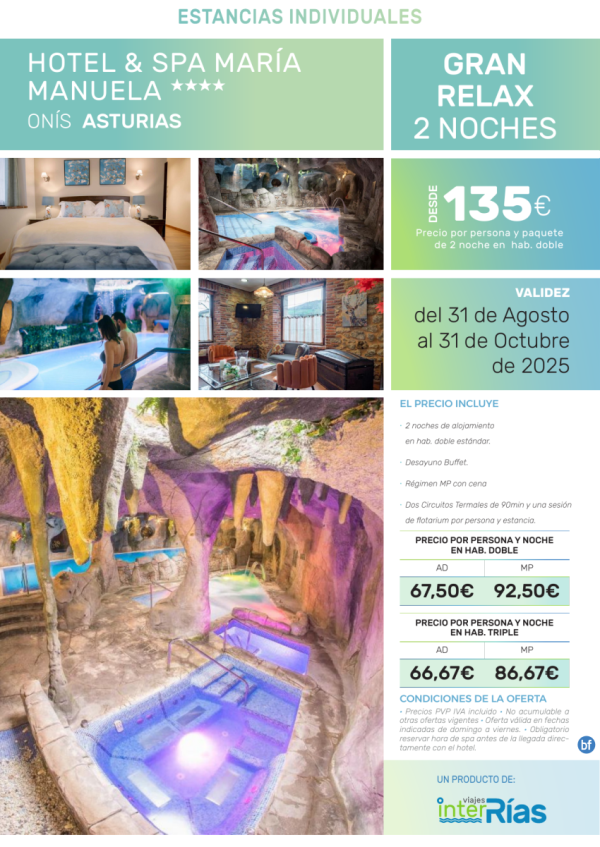 Gran Relax 2 Noches Hotel & Spa Mara Manuela 4* (Ons - Asturias).- Hoteles para Individuales
