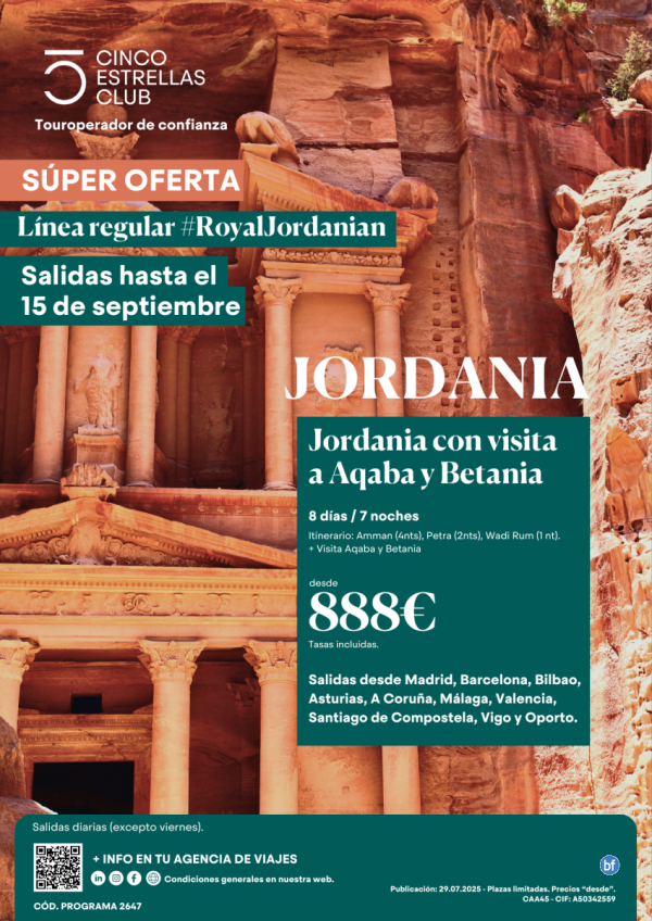 Superoferta Jordania con visita Aqaba y Betania incl. dsd 888 € 8d/7n sal hasta 15 de sept. ver aeropto salida