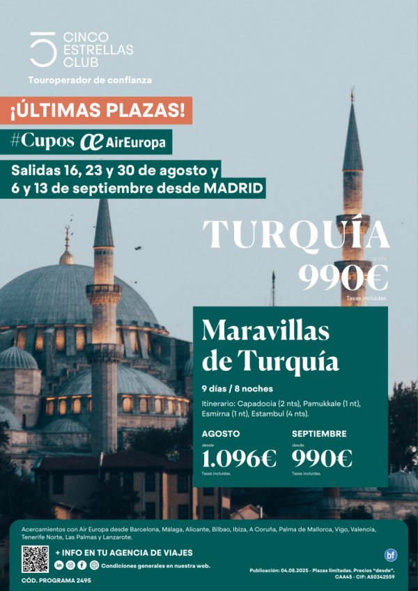 SuperOferta Cupos UX /Maravillas de Turquia 9d/8n dsd 990 € sal agost:16,23 y 30 y  sept:6 Y 13. dsd Madrid
