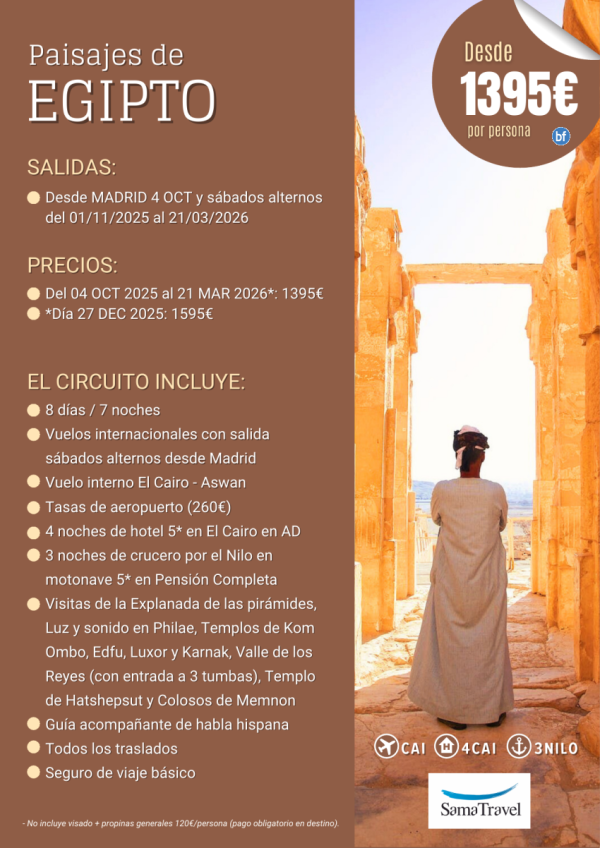 \-Paisajes de Egipto\-: 8 das Cairo +crucero +visitas [Desde MAD a CAI] (01Nov25-21Mar26) **Desde 1.395 € **