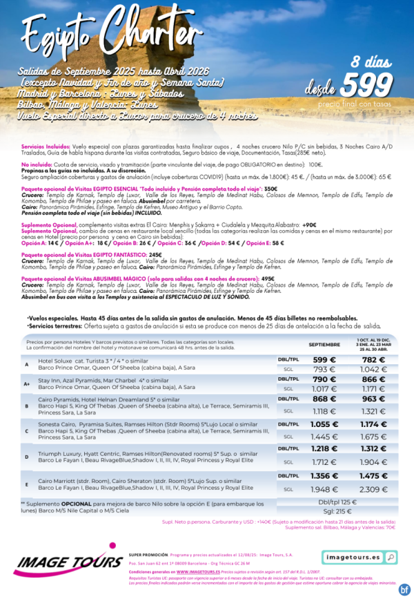 Egipto Charter hasta abril 2026 8 das con plazas garantizadas! Venta Anticipada desde 599 € 
