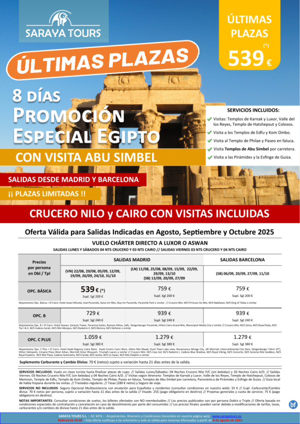 ltimas Plazas! Promo Egipto con Abu Simbel dsd 539 € con Visitas Incluidas! Salidas Agosto, Sept y Oct.