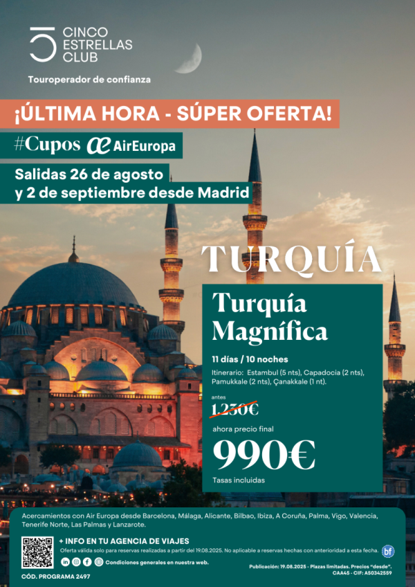 SperOferta|Cupo UX| Turqua Magnifica 11d/10 PVP final 990 € salidas agosto:26 septiembre: 2 dsd Madrid
