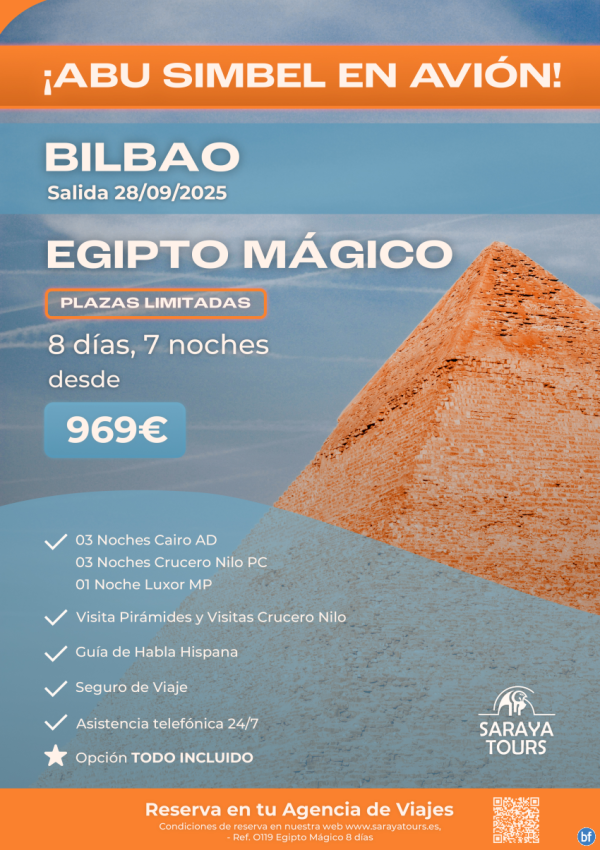 Exclusivo! Egipto Mgico con Abu Simbel en Avin Salida BILBAO 28/09/25 Plazas Limitadas