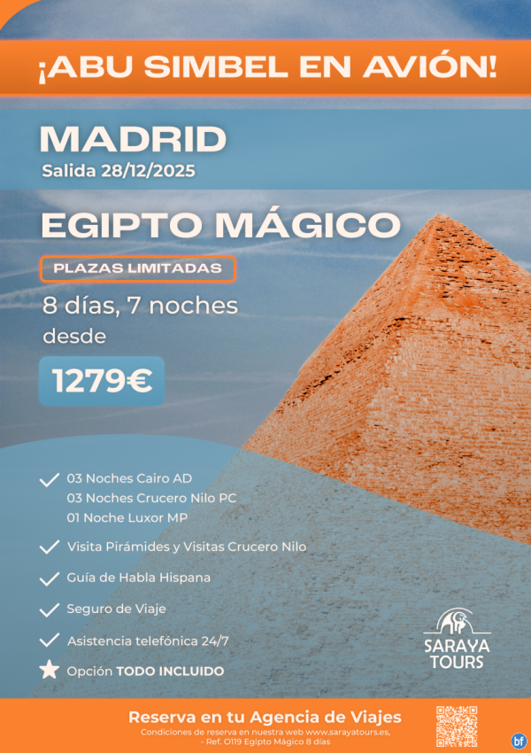 Exclusivo! Egipto Mgico con Abu Simbel en Avin Salida MADRID 28/12/25 Plazas Limitadas