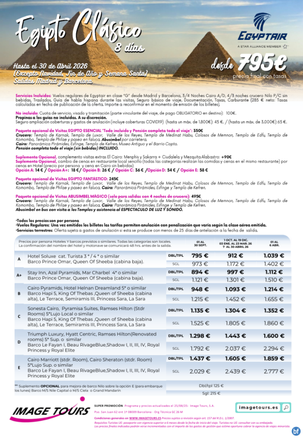 Egipto Clsico 8 das hasta abril 2026 desde 795 € en vuelo regular, con Crucero Nilo y Cairo