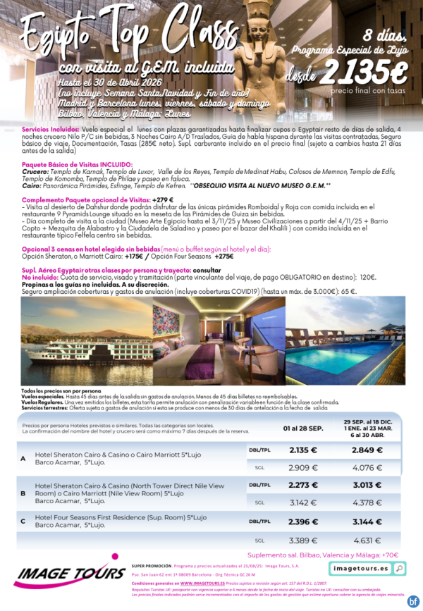 Egipto TOPCLASS 8 das de viaje de Lujo con precios hasta abril 2026 Incluye visita al GEM! desde 2135 € 