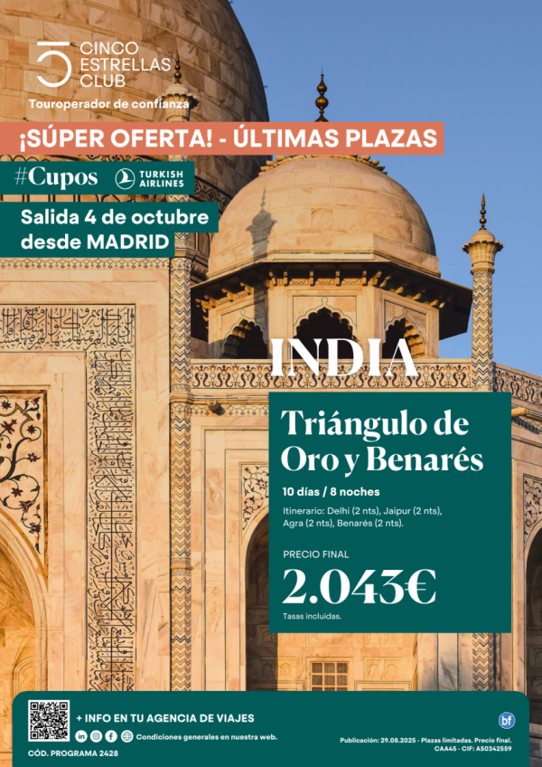 SperOferta Tringulo de Oro+Benares 10d/8n PVP final 2.043 € sal. 04 oct. desde Madrid - ltimas plazas