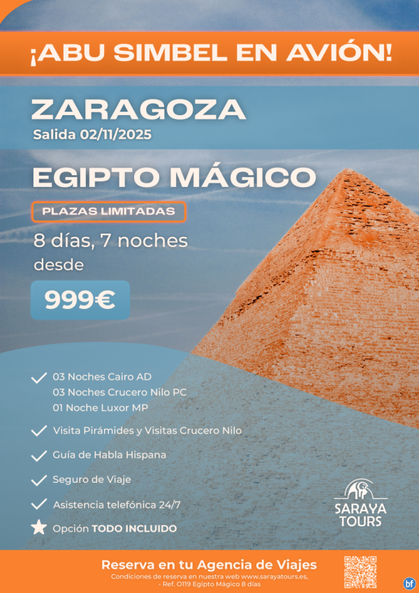 Especial Egipto Mgico con Abu Simbel en avin incluido desde ZARAGOZA. Salida 02/11/25. Plazas limitadas.