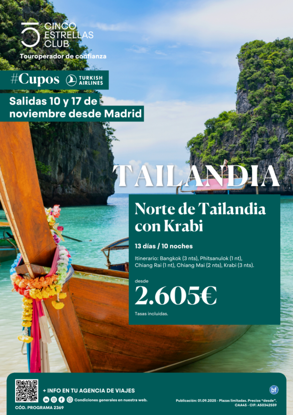 Cupos Turkish| Norte de Tailandia con Krabi 13ds/10ns  desde 2.605 € salidas 10 y 17 de noviembre desde Madrid
