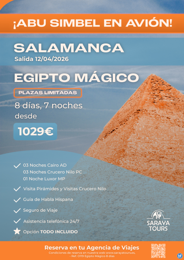 Exclusivo! Egipto Mgico con Abu Simbel en Avin Salida Salamanca 12/04/26 Plazas Limitadas