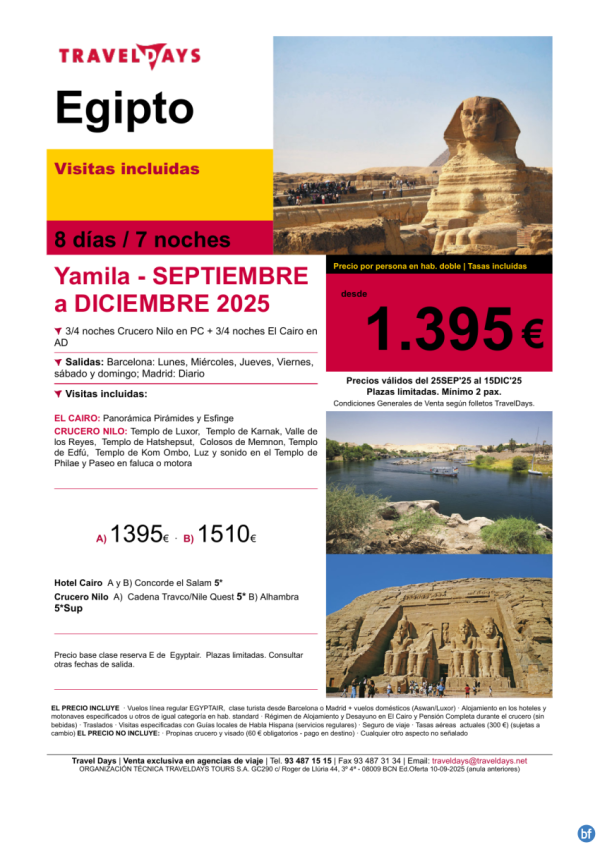 Egipto promo Yamila - 8 das salidas septiembre a diciembre a partir de  1.395 € 