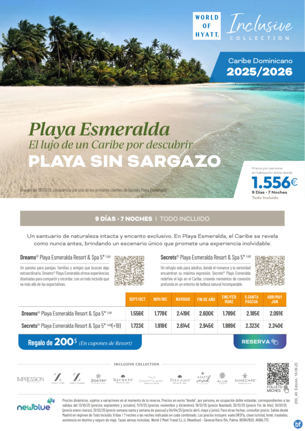 Paraso sin sargazo. ltimas plazas Sep Playa Esmeralda desde 1.556 € + Reserva anticipada hasta junio 2026.