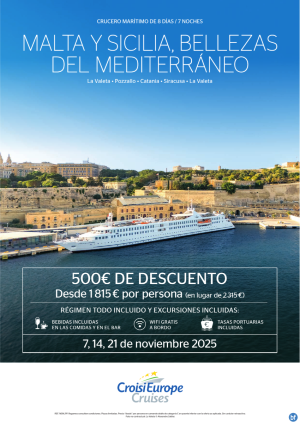 Hasta 500 € DESCUENTO - crucero Malta y Sicilia - 8 das - Todo Incluido - 07/11 + 14/11 + 21/11