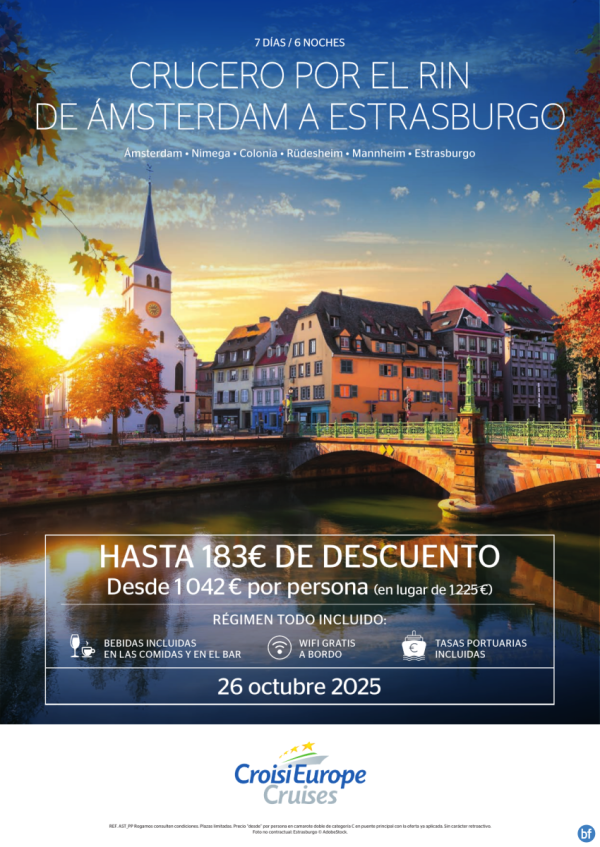 Hasta 183 € DESCUENTO - crucero por el Rin de msterdam a Estrasburgo - 7 das - Todo Incluido - 26/10