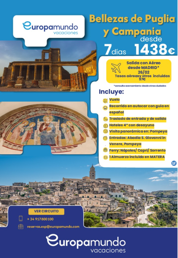 Bellezas de Puglia y Campania. Salida con Areos desde Madrid