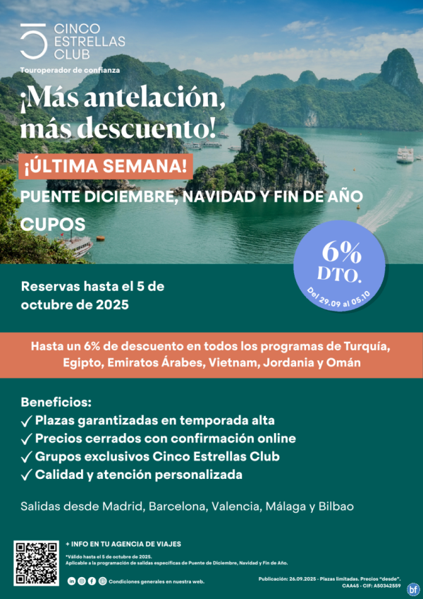 ltima semana Cupos| 6% dto hsta 05.10 - Pte Dic., Navidad y Fin Ao Egipto,Emiratos,Vietnam, Jordania y Omn