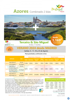 Combinado AZORES - Verano \'24 - Terceira & Sao Miguel- 8 d/7 n- salida desde Madrid desde slo 1.169 € 