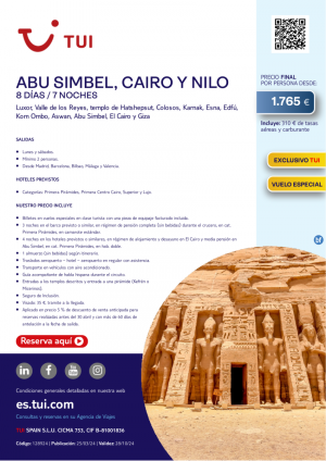 Abu Simbel, Cairo y Nilo. 8 d / 7 n. Exclusivo TUI. Vuelo Especial. Salida lunes y sbados desde 1.765 € 