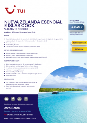 Nueva Zelanda Esencial e Islas Cook. Tour Regular. 14 das / 11 noches. Salidas hasta diciembre desde 4.849 € 