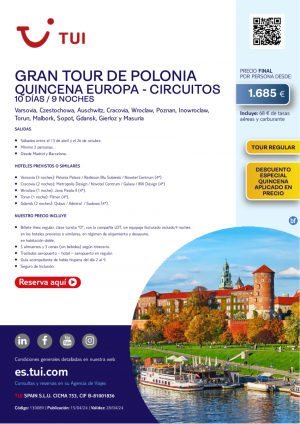 Quincena de Europa - Circuitos. Gran Tour de Polonia. 10 d / 9 n. Tour Regular. Salidas sbados desde 1.685 € 