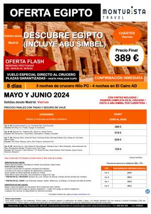 of.Flash - Descubre Egipto (Incluye ABU SIMBEL)**desde 389 € salida Madrid Viernes, 8 das, 3n crucero 4n cairo