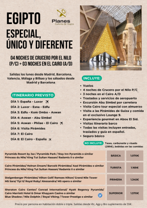 EgiptoExclusivo 7 nts: 4nts crucero + 3nts Cairo todas las visitas. Salidas lunes Mad, Bcn, Vlc, Bio y sab Mad