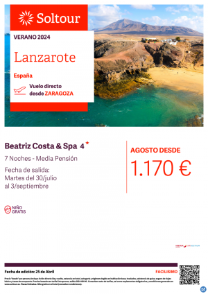 Lanzarote. Hotel Beatriz Costa & Spa - Salidas del 30 de Julio al 03 de Septiembre desde Zaragoza