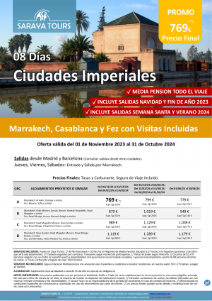 Nuevo! Ciudades Imperiales de Marruecos 8 das: Rak, Cmn y Fez con Visitas Incluidas dsd 769 € hasta Oct24